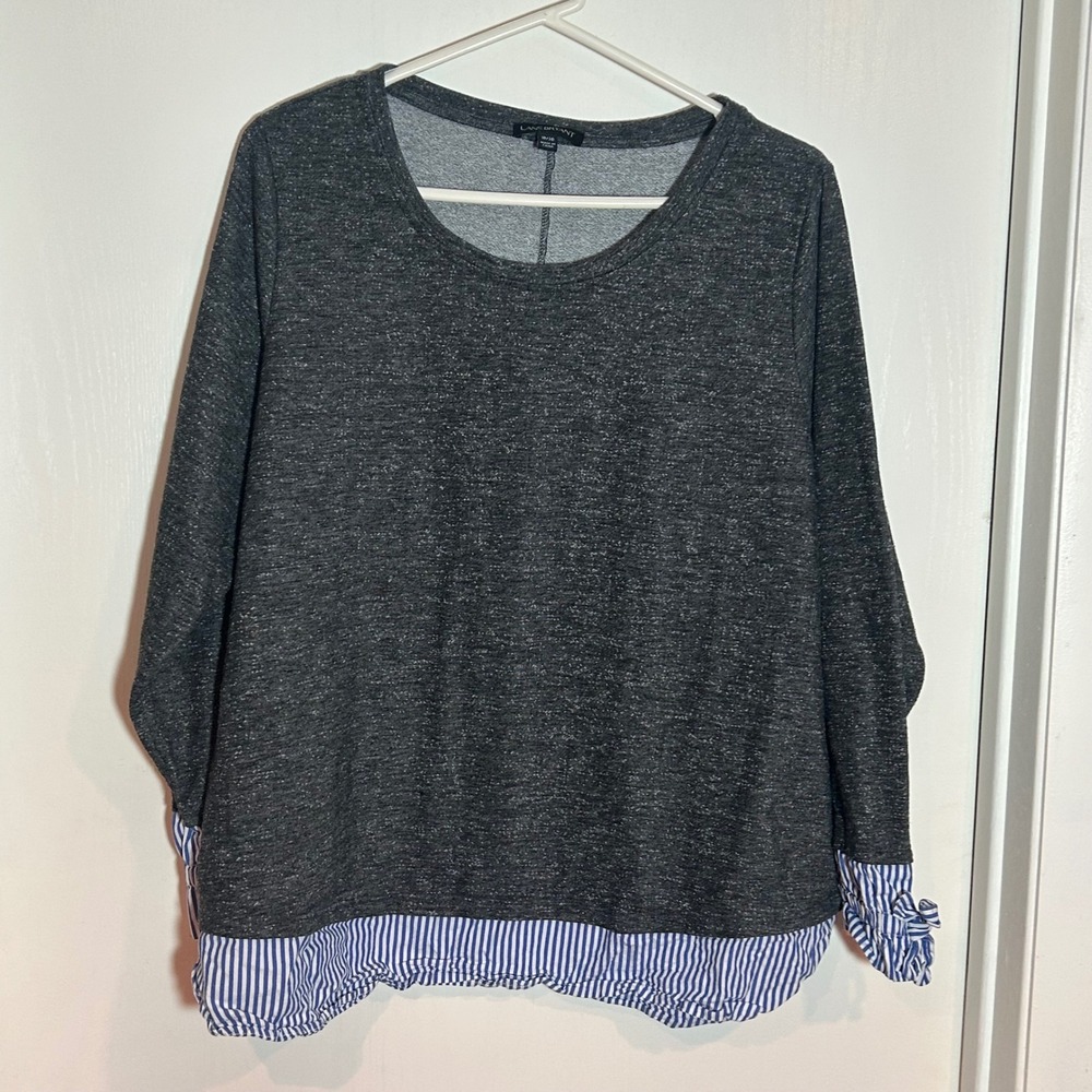 Lane Bryant Plus Size Dark Gray Tunic Shirt Blue Stripe Ruffle Cuff Detail